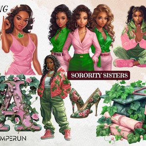 Sorority Girl Clipart Set – 7 PNG African American Women Illustrations, Pink and Green Sorority Digital Art, Black Woman Graphics