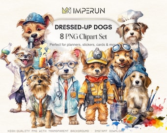 Watercolor Dogs Clipart – 8 PNG Illustrations, Professions Theme (Digital Download)