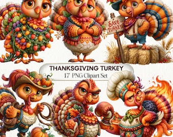 May include: A digital clipart set featuring six cartoon turkeys in various outfits and poses, including one holding a sign that reads SAVE THE TURKEYS. The text THANKSGIVING TURKEY 17 PNG Clipart Set is centered among the colorful turkey illustrations.