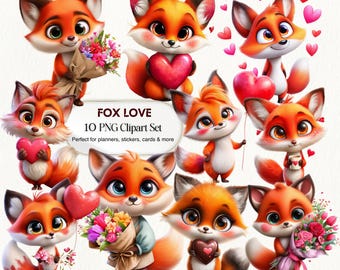 Fox Love Clipart Set, Kawaii Valentine Foxes 10 PNG, Romantic Animal Graphics