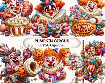May include: A digital collection of 14 Pumpkin Circus themed illustrations featuring clowns with orange hair, colorful costumes, popcorn, a crystal ball, playing cards, a pumpkin bucket labeled Happy Halloween, a cannon, and a carousel horse.