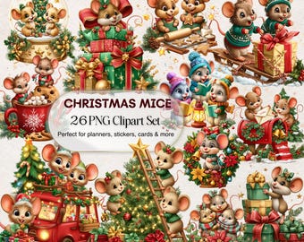 Christmas Mice Clipart: 26 Festive PNG Illustrations (Digital Download)