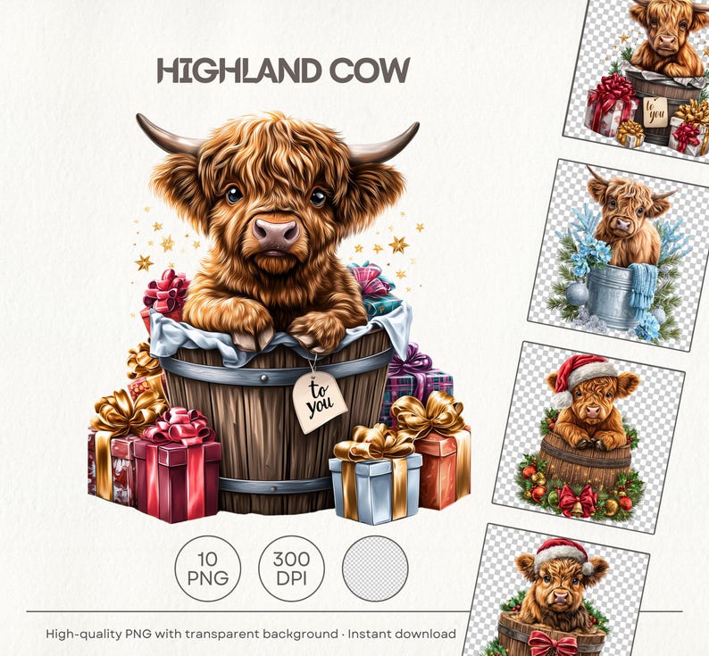 Highland Cow Christmas Clipart Set: Farm Animal Holiday PNG (digital ...