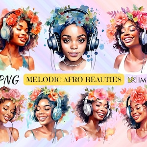 Melodisches Afro Schönheiten Aquarell Clipart Set, afroamerikanische Frauen mit floralen Akzenten und Kopfhörern, Musik, Blumen