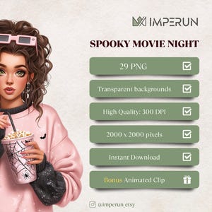 May include: Digital art featuring a woman with curly brown hair wearing pink glasses and a pink sweater. She holds a popcorn cup with a spiderweb design. Text reads "SPOOKY MOVIE NIGHT" and details about the digital product.
