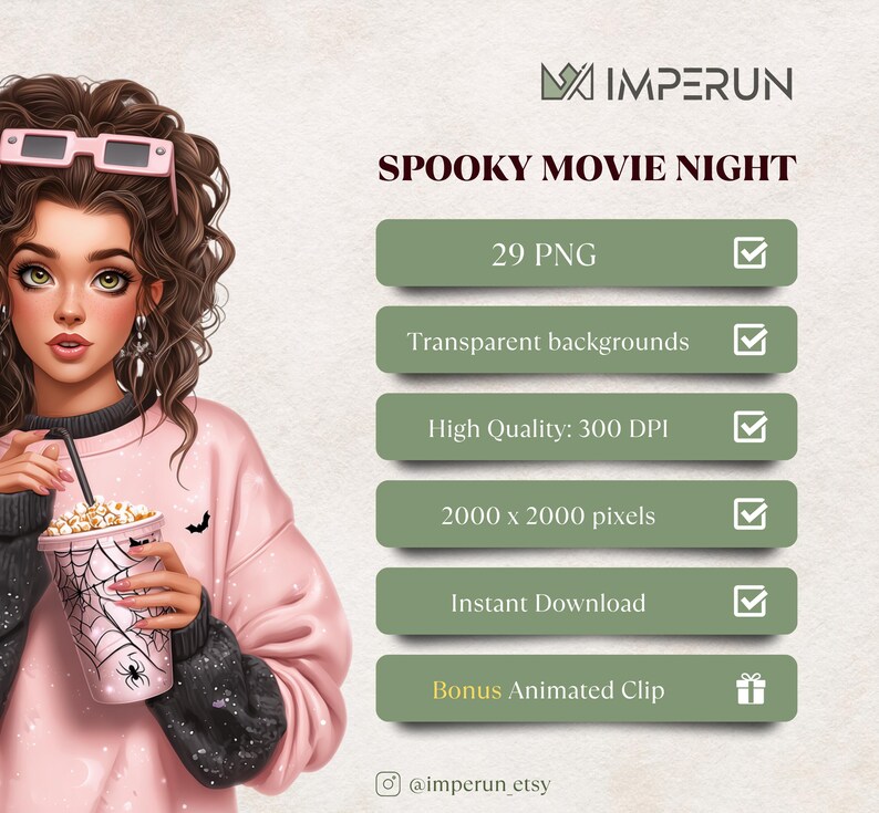 May include: Digital art featuring a woman with curly brown hair wearing pink glasses and a pink sweater. She holds a popcorn cup with a spiderweb design. Text reads "SPOOKY MOVIE NIGHT" and details about the digital product.
