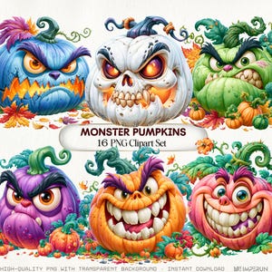 May include: A digital collection of 16 monster pumpkin illustrations featuring various colors including blue, white, green, purple, orange, and pink. Each pumpkin has a unique facial expression with sharp teeth, glowing eyes, and leafy stems.