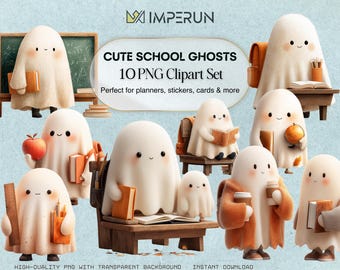 May include: A collection of cute cartoon ghost characters in a school theme. The ghosts are depicted with books, apples, and backpacks. The image includes the text "CUTE SCHOOL GHOSTS 10 PNG Clipart Set" and "Perfect for planners, stickers, cards & more."