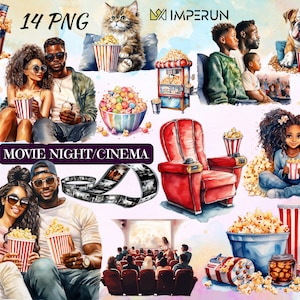 Clipart a tema serata cinema afroamericana: illustrazioni di film ad acquerello (download digitale)