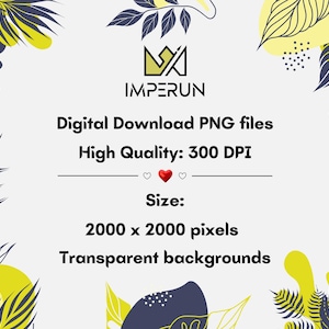 May include: A digital download graphic with the Imperun logo and text: "Digital Download PNG files, High Quality: 300 DPI, Size: 2000 x 2000 pixels, Transparent backgrounds." The design includes yellow and navy blue leaf and floral elements.