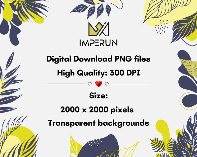 May include: A digital download graphic with the Imperun logo and text: "Digital Download PNG files, High Quality: 300 DPI, Size: 2000 x 2000 pixels, Transparent backgrounds." The design includes yellow and navy blue leaf and floral elements.