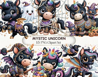 May include: A digital clipart set featuring black unicorns with rainbow horns, bat wings, and witch hats, decorated with spider webs, pumpkins, and candy. The text reads MYSTIC UNICORN 15 PNG Clipart Set, showcasing various Halloween-themed fantasy creatures.