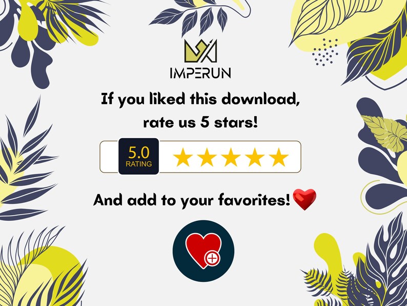 May include: Graphic with the text "IMPERUN" and "If you liked this download, rate us 5 stars!" A rating of 5.0 is displayed with five gold stars. A red heart icon is also shown.