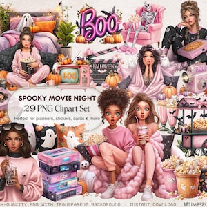 Spooky Movie Night clipart set with 29 PNG illustrations featuring stylish girls in cozy pajamas watching Halloween movies, popcorn, pizza, soda, pumpkins, ghost pillows, neon Boo sign, skeleton in armchair, vintage TV, and cute spooky decorations. Perfect for Halloween party invitations, planners, stickers, and digital crafts.