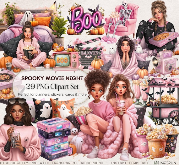 Halloween Movie Night Clipart, Spooky Girls PNG, Cozy Autumn Ghosts Popcorn Stickers, Digital Download