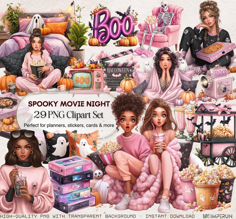 Spooky Movie Night clipart set with 29 PNG illustrations featuring stylish girls in cozy pajamas watching Halloween movies, popcorn, pizza, soda, pumpkins, ghost pillows, neon Boo sign, skeleton in armchair, vintage TV, and cute spooky decorations. Perfect for Halloween party invitations, planners, stickers, and digital crafts.