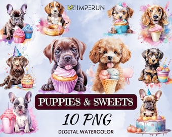 Puppies and Desserts Watercolor Clipart – 10 PNG Illustrations (Digital Download)