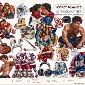 May include: A digital clipart set titled Hockey Romance featuring 29 illustrations including hockey players in jerseys, a goalie mask, a guitar, a cherry pie, popcorn, ice skates, a varsity jacket, headphones, and a shirtless athlete.
