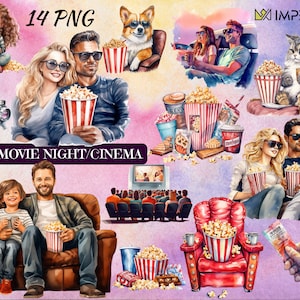 Watercolor Movie Night Clipart Set, Film night, Cinema, Movie Theme, Couples in Love, Movie Items, Popcorn, Digital, Commercial Use