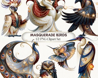 May include: A digital collection of 12 masquerade birds in PNG format, featuring a cockatoo in a red jacket, a swan in a red cape, a raven with stars, a peacock, a hummingbird, an owl, and a heron holding a lantern, labeled MASQUERADE BIRDS.