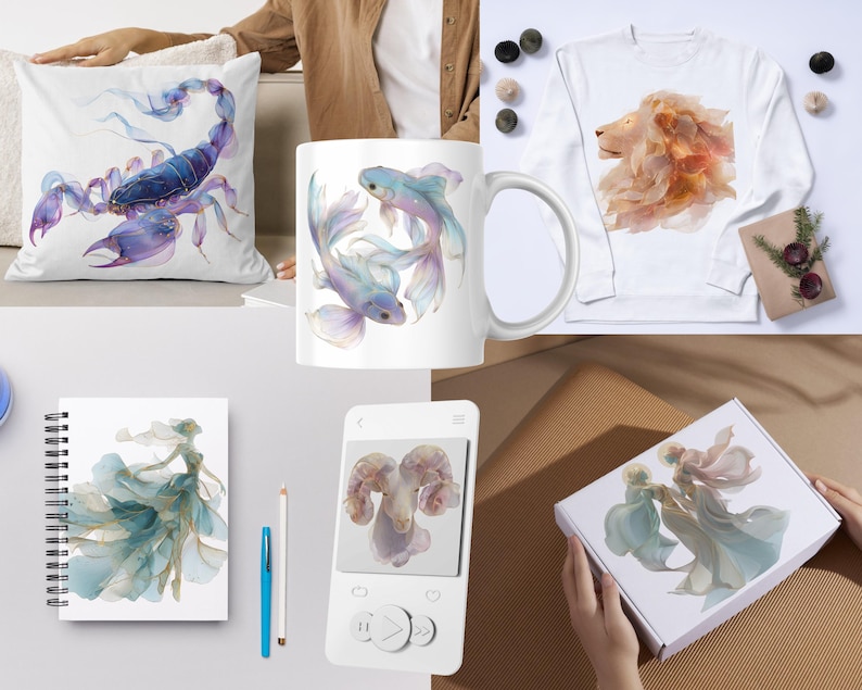 May include: A collection of items featuring watercolor illustrations. Includes a white pillow with a purple scorpion, a white mug with two blue fish, and a white sweatshirt with a lion. Also shown are a notebook, a phone, and a box.