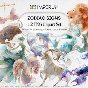 May include: A collection of 12 PNG clipart images featuring zodiac signs. The signs include a lion, bull, ram, scorpion, crab, and others, rendered in watercolor style with pastel colors. The text reads "ZODIAC SIGNS 12 PNG Clipart Set".