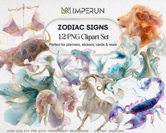 Zodiac Signs Clipart Set: Astrology PNG Illustrations (Commercial Use)