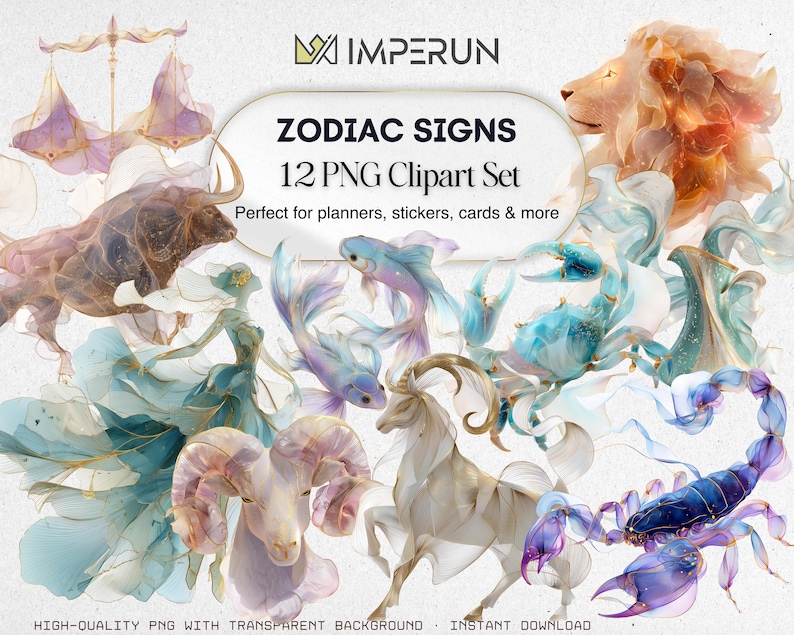 May include: A collection of 12 PNG clipart images featuring zodiac signs. The signs include a lion, bull, ram, scorpion, crab, and others, rendered in watercolor style with pastel colors. The text reads "ZODIAC SIGNS 12 PNG Clipart Set".