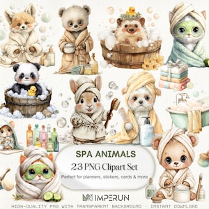 May include: A watercolour illustration featuring spa animals such as a fox, bear, hedgehog, cat, panda, rabbit, and dog. Each animal is shown in a spa setting, wearing robes and towels. The image includes the text "SPA ANIMALS 23 PNG Clipart Set."