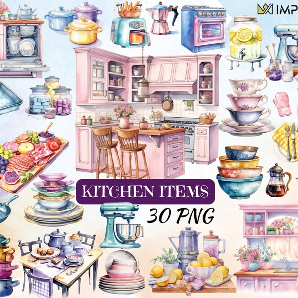 Watercolor Kitchen Items, Culinary Cliparts, Kitchen Theme, Kitchen Items, Watercolor Kitchenware, PNG, Digital Download, Commercial Use