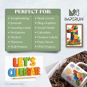 Pode incluir: Uma imagem com um n&uacute;mero um emoldurado feito de blocos coloridos, uma caneca com um design de blocos e o texto "LET'S CELEBRATE". A imagem tamb&eacute;m inclui uma lista de itens perfeitos para scrapbooking, di&aacute;rios e muito mais.