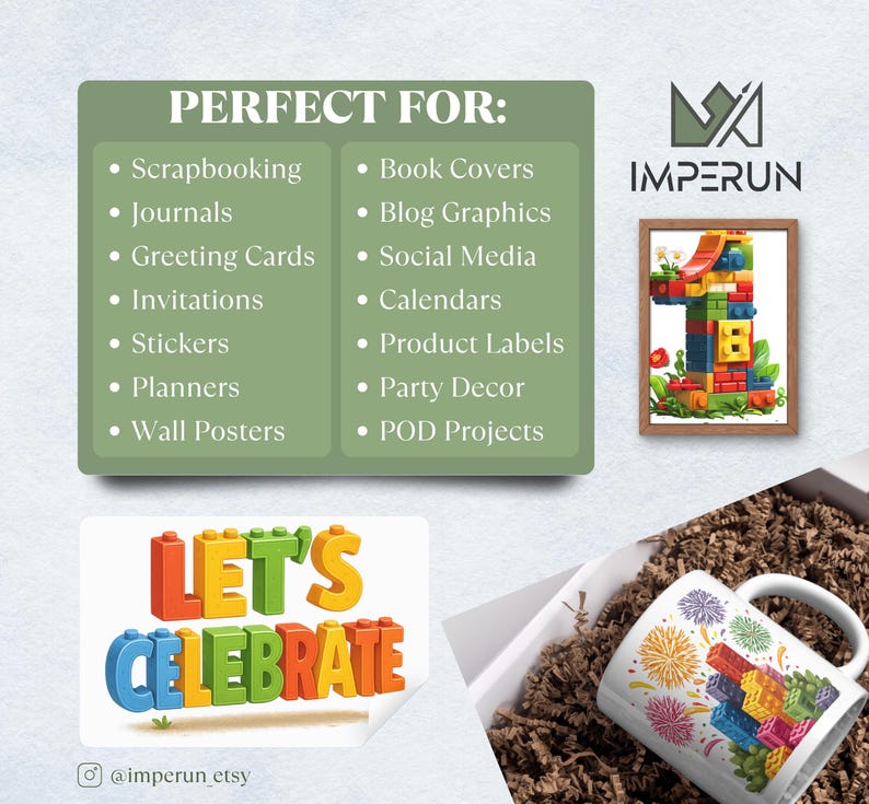 Pode incluir: Uma imagem com um n&uacute;mero um emoldurado feito de blocos coloridos, uma caneca com um design de blocos e o texto "LET'S CELEBRATE". A imagem tamb&eacute;m inclui uma lista de itens perfeitos para scrapbooking, di&aacute;rios e muito mais.