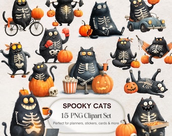 Spooky Black Cats Clipart Set – Halloween PNG Illustrations (Digital Download)