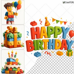 Pode incluir: Ilustra&ccedil;&atilde;o colorida com tema de anivers&aacute;rio com uma figura em estilo Lego segurando bal&otilde;es, uma caixa de presente e um bolo. As palavras "HAPPY BIRTHDAY" s&atilde;o exibidas em letras vibrantes e quadradas, com blocos Lego e decora&ccedil;&otilde;es de festa.