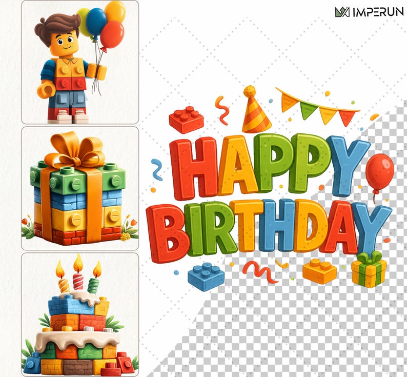 Pode incluir: Ilustra&ccedil;&atilde;o colorida com tema de anivers&aacute;rio com uma figura em estilo Lego segurando bal&otilde;es, uma caixa de presente e um bolo. As palavras "HAPPY BIRTHDAY" s&atilde;o exibidas em letras vibrantes e quadradas, com blocos Lego e decora&ccedil;&otilde;es de festa.