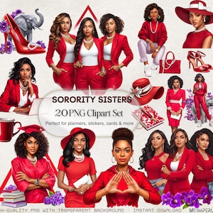 Może przedstawiać: Zestaw cyfrowych clipartów z ilustracjami kobiet w czerwonych strojach, akcesoriach i czerwonym bucie na wysokim obcasie. Wyświetlany jest tekst "SORORITY SISTERS 20 PNG Clipart Set". Idealny do planistów, naklejek, kart i innych.