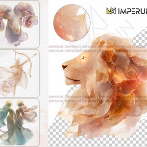 May include: A digital art composition featuring zodiac signs and a lion. The lion has a golden mane and a detailed face. The zodiac signs include an Aries ram, a Sagittarius archer, and Gemini twins, all in soft, pastel colors.