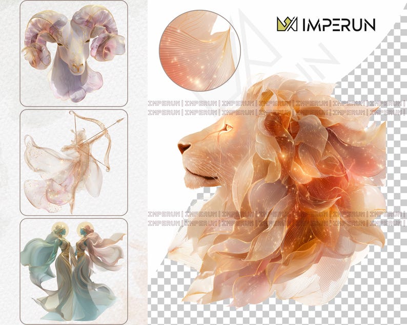 May include: A digital art composition featuring zodiac signs and a lion. The lion has a golden mane and a detailed face. The zodiac signs include an Aries ram, a Sagittarius archer, and Gemini twins, all in soft, pastel colors.
