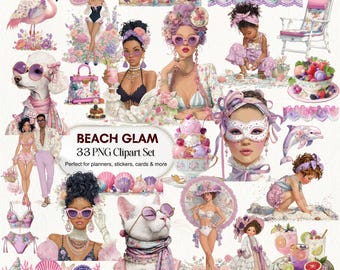 Summer Girls Beach Glam Clipart PNG | Tropical Fashion for Planners and Social Media