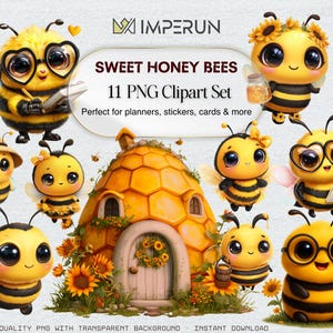 Honey Bee Clipart – Kawaii Cartoon Bee PNG Set, Cute Insect Illustrations, Digital Download for Stickers & Scrapbooking