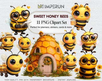 Kawaii Honey Bee Clipart – Cartoon PNG Set (Digital Download)