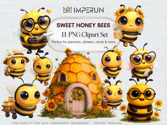 Kawaii Honey Bee Clipart – Cartoon PNG Set (Digital Download)