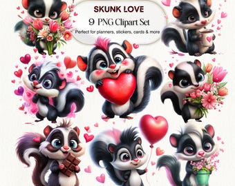 Kawaii Skunk Love Clipart Set, Valentine's Day PNG (Digital Download)