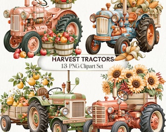 May include: A digital collection of four vintage-style tractors in pastel shades of pink, blue, green, and orange, each carrying seasonal harvest items like apples, corn, pears, and sunflowers in wooden crates or baskets, with the text HARVEST TRACTORS.