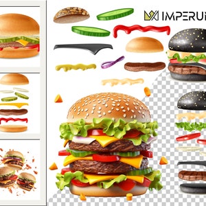 May include: A double-decker hamburger with lettuce, tomato, cheese, and pickles. The hamburger is assembled with the ingredients separated and floating in the air. The image also includes a black hamburger with the same ingredients.