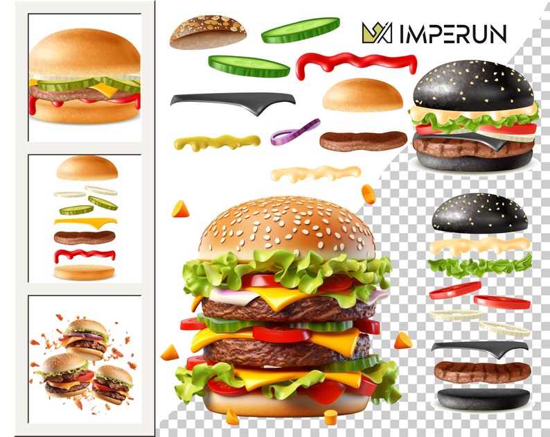 May include: A double-decker hamburger with lettuce, tomato, cheese, and pickles. The hamburger is assembled with the ingredients separated and floating in the air. The image also includes a black hamburger with the same ingredients.