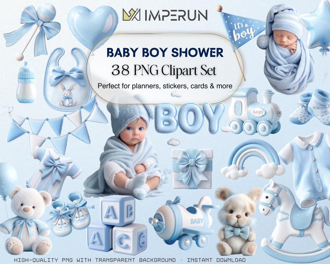 Baby Boy Shower Clipart Bundle: Pastel Blue PNG Illustrations (digital ...