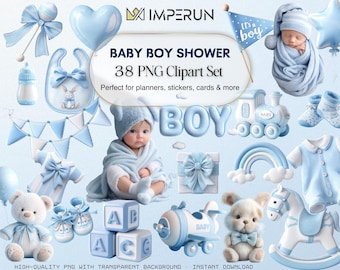 Bundle de cliparts baby shower : illustrations PNG bleu pastel (téléchargement numérique