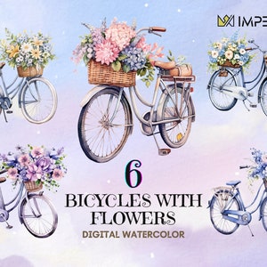 Watercolor Vintage Bicycle Clipart – Floral Bike PNG with Flower Basket, Romantic Cycling Illustration, Digital Download