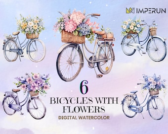 Clipart de bicicleta en acuarela: conjunto de cestas de bicicleta con flores PNG (descarga digital)